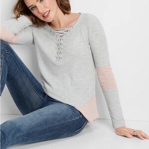 Maurices Gray and Pink Lace-Up Long Sleeve Top
